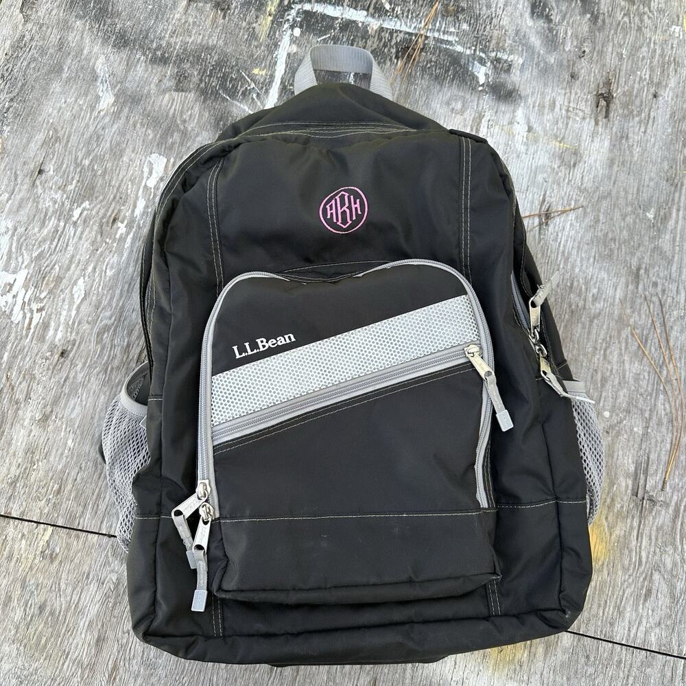 LL Bean Black Deluxe Backpack Laptop Bag with Gray Reflective Stripe ABH Mono